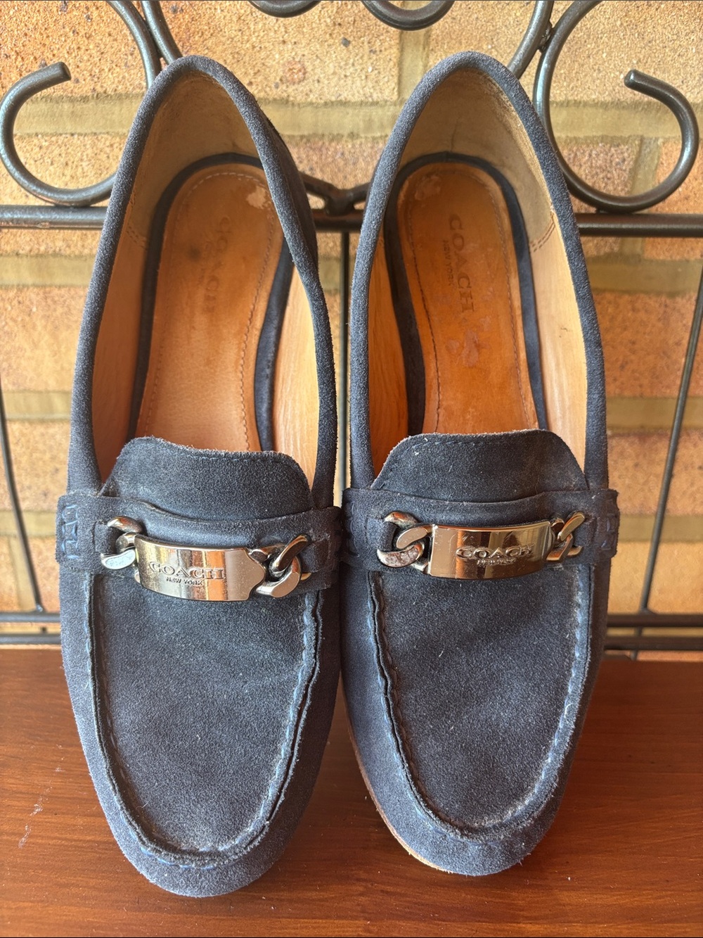 Coach Kimmie  Dark Blue Suede Slip-On Loafers with Metal Logo 8.5B
